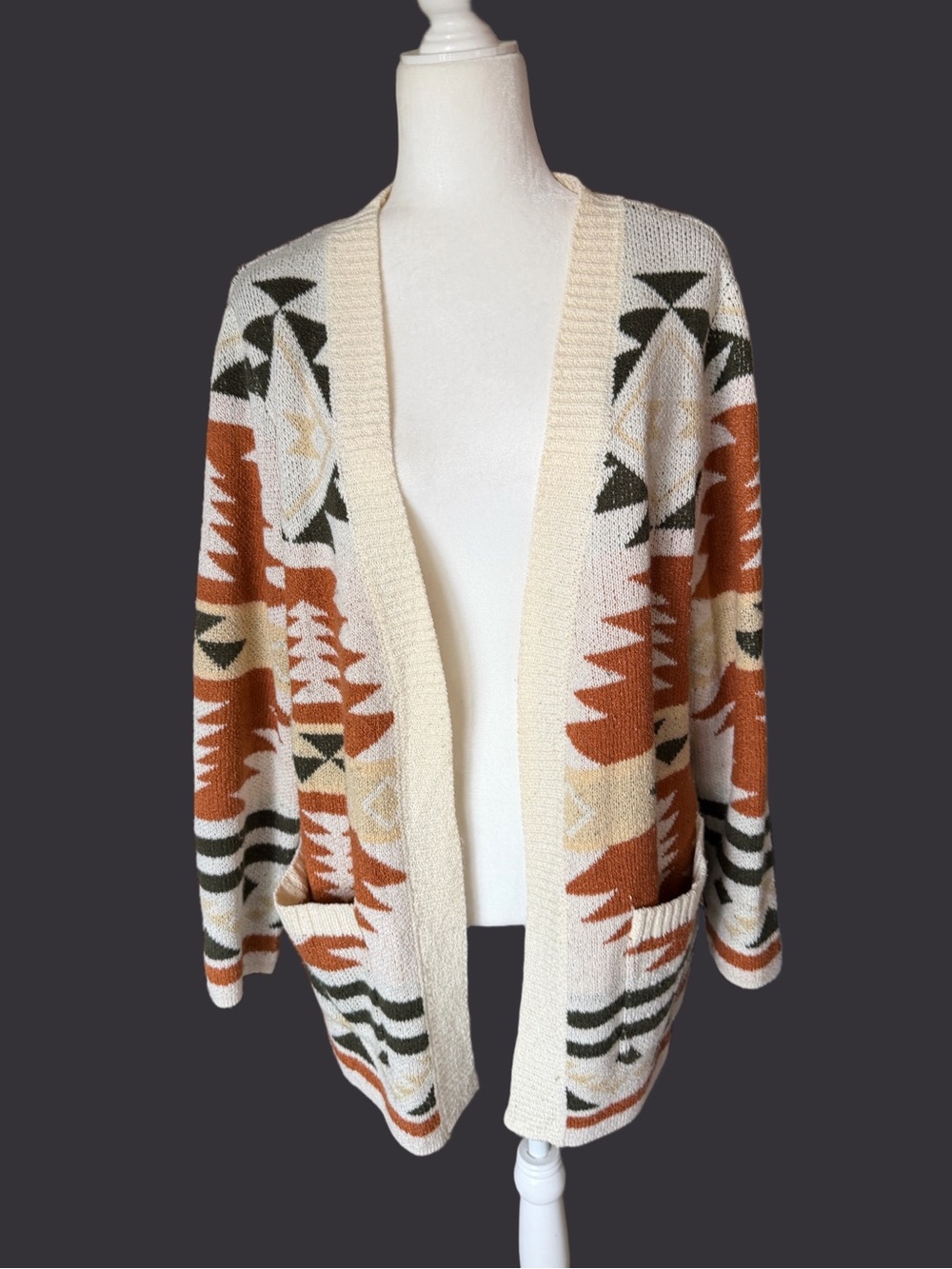 Women's Cream Aztec Open-Front Cardigan Sweater